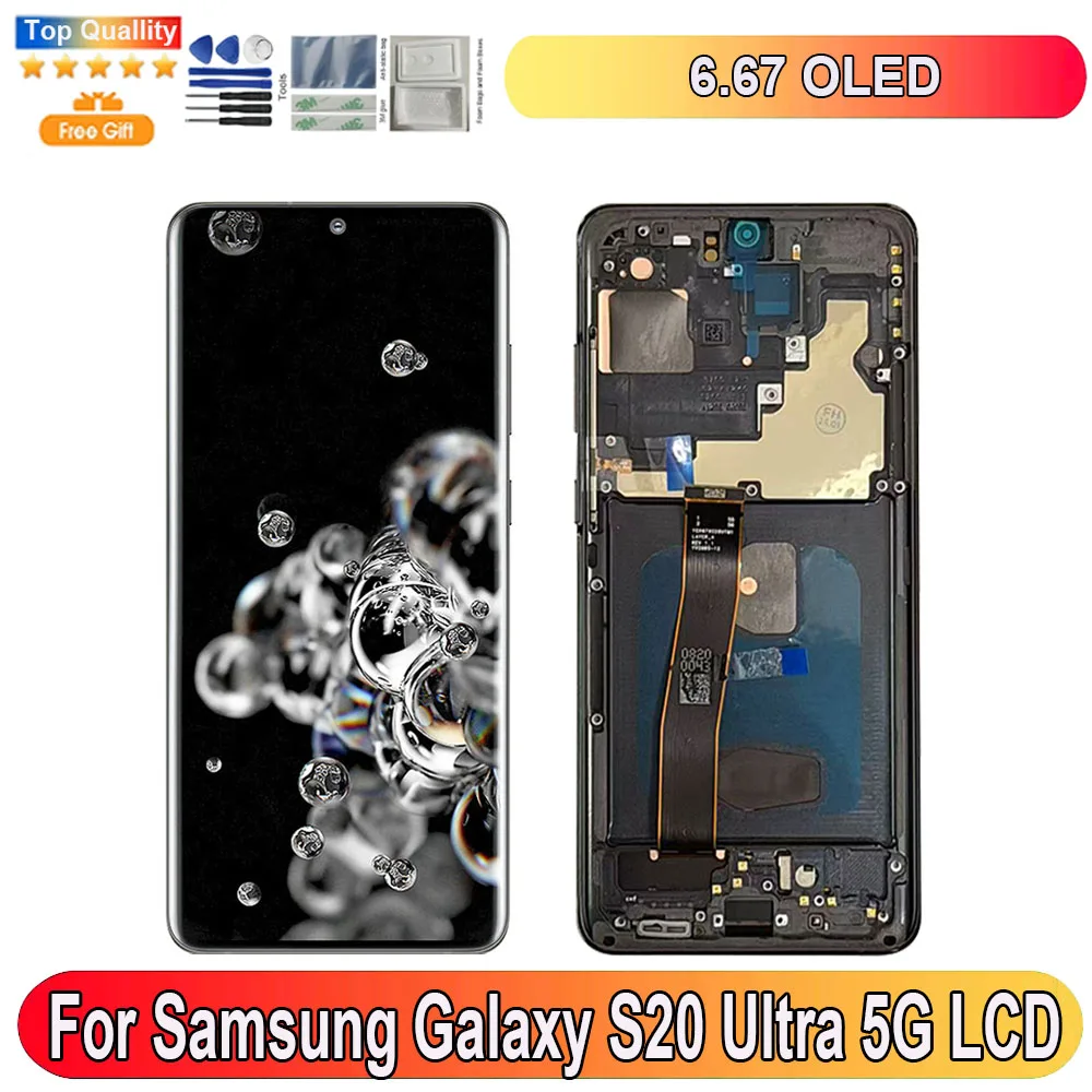 6.67"For Samsung Galaxy S20 Ultra 5G LCD Display Screen Touch Panel Digitizer Replacement Parts Screen With Frame S20 Ultra G988
