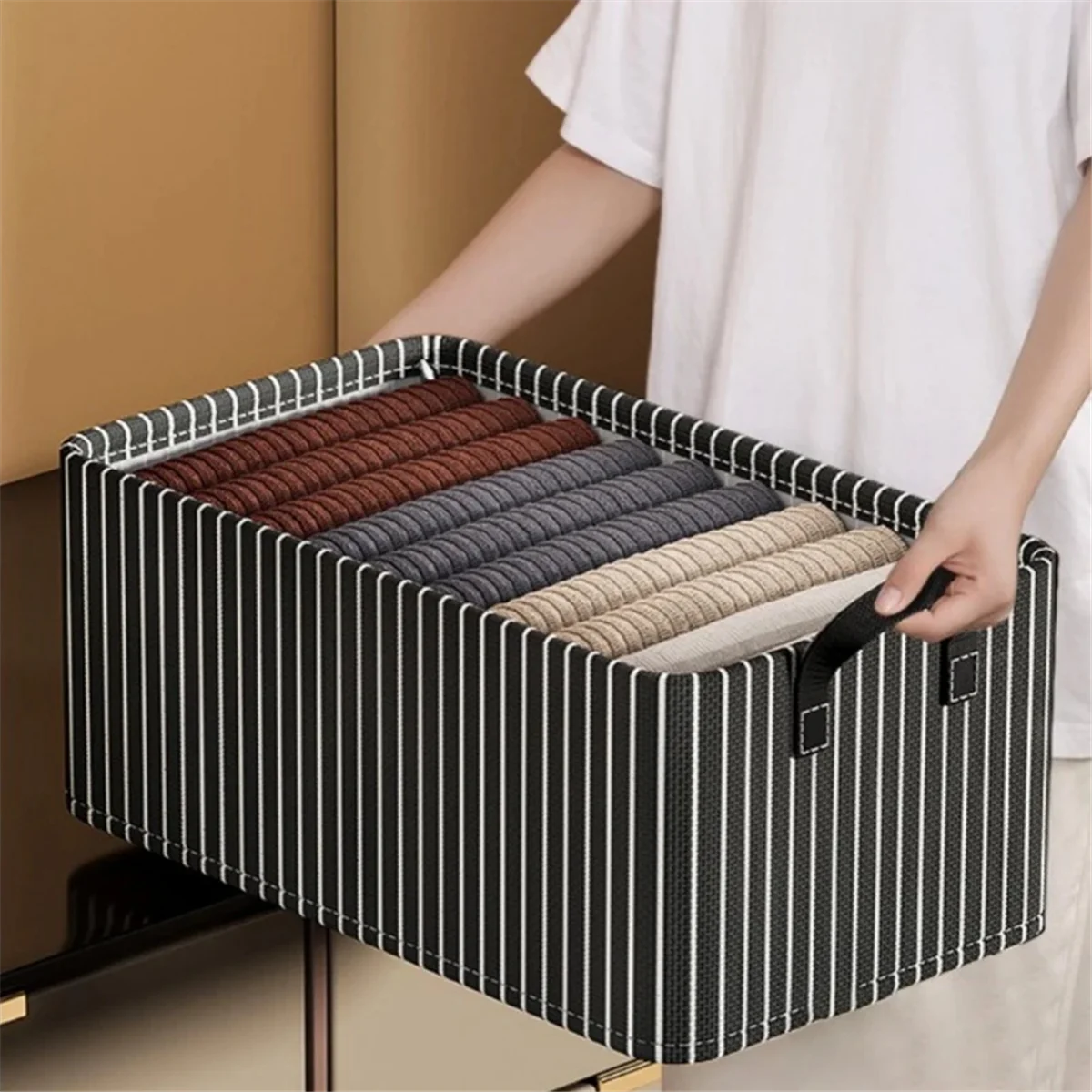 L74A Scatola portaoggetti pieghevole per vestiti con struttura in metallo con strisce nere Scatola portaoggetti per pantaloni di grande capacità