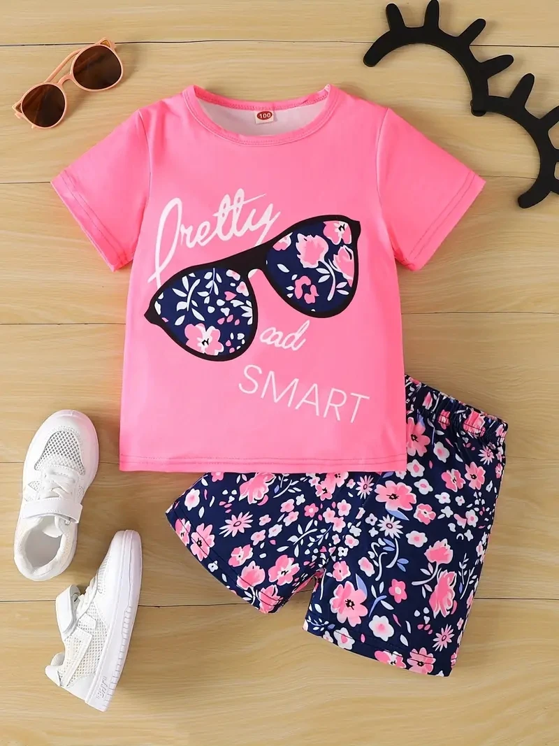 Children's Glasses Printed Two-piece Set Short Sleeve Shorts Set Breathable Fabric -Perfect for Playdates & Picnics