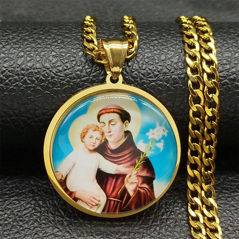 Jesus St Saint Anthony Medal Glass Pendant Necklace for Women Men Gold Color Stainless Steel Religious Chain Jewerly NBL55-3S02