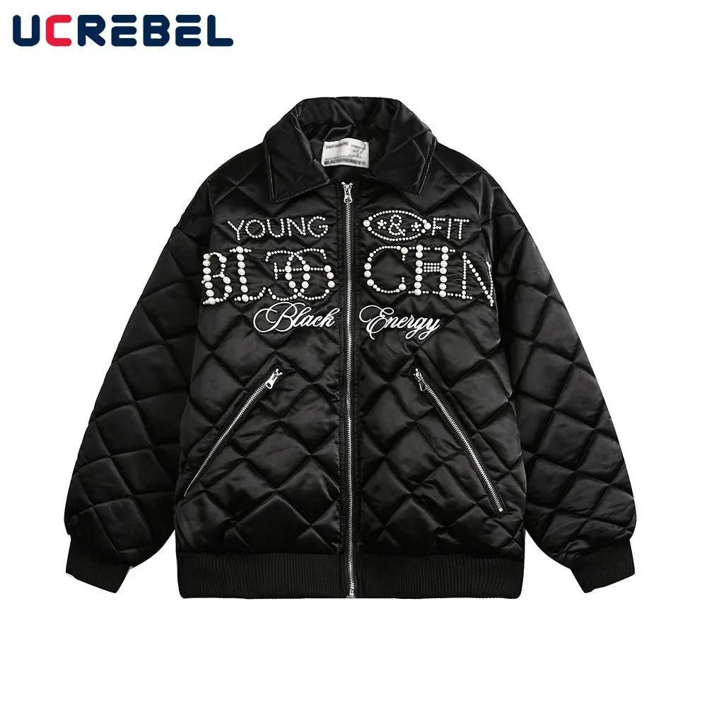 Beading Letter Padded Jacket Mens Embroidery Winter High Street Rhombus Plaid Lapel Quilted Jacket Men Thick Outerwear