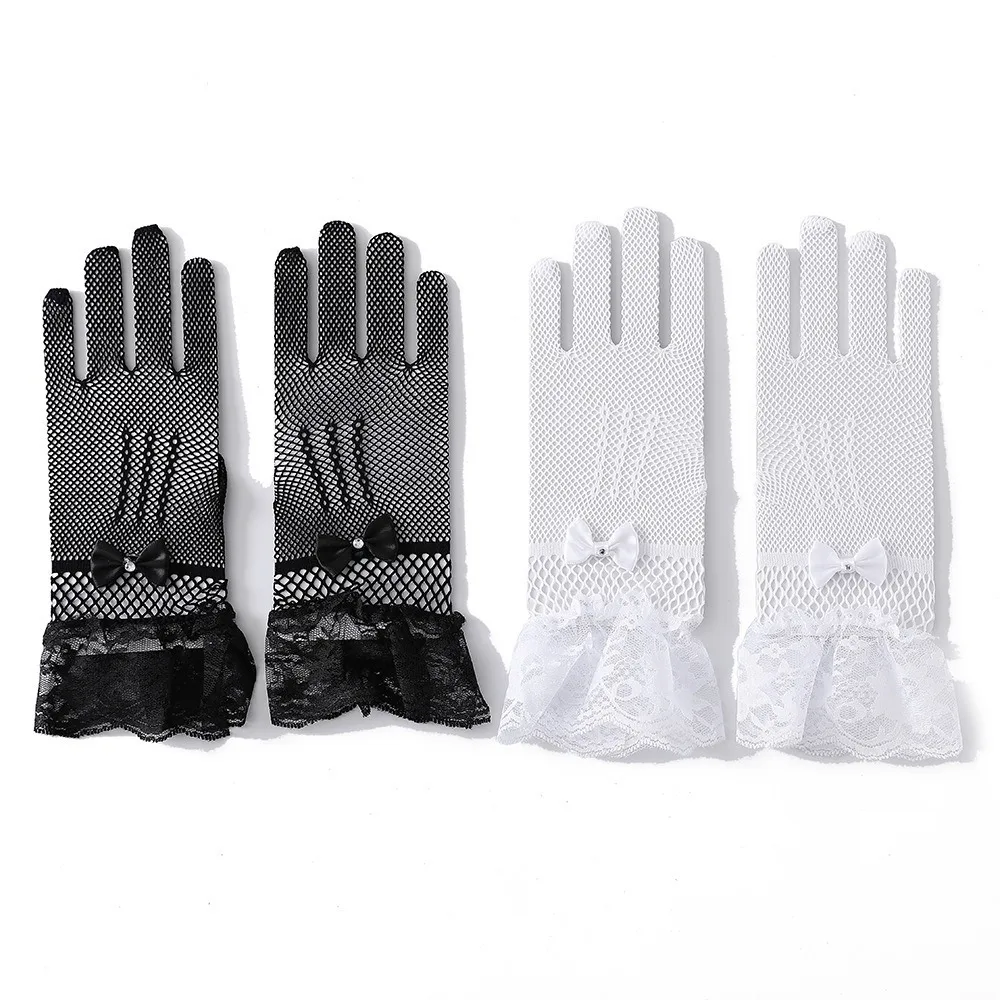 New Lace Fishnet Gloves Stretchy Breathable Bride Gloves Mesh Bow Design Mittens Ladies
