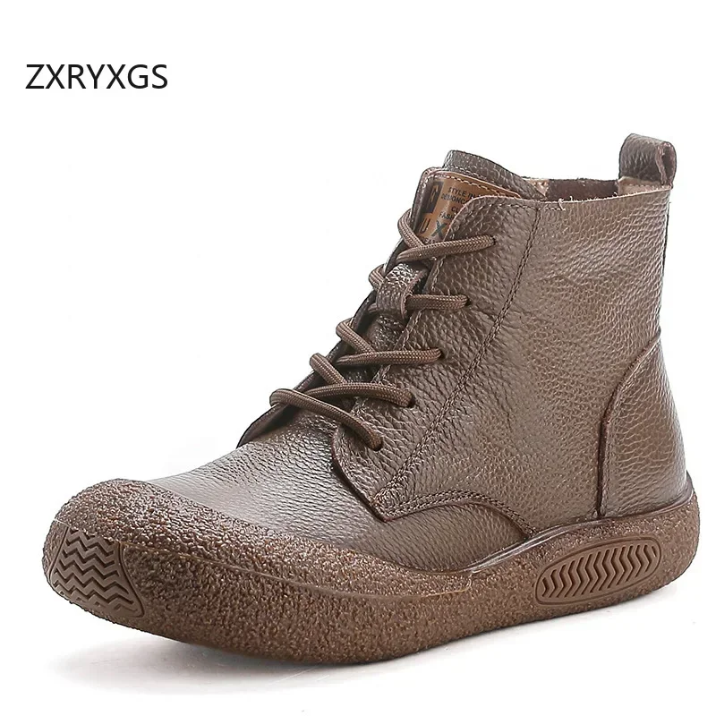 ZXRYXGS 2024 Autumn Cross Strap Side Zipper Genuine Leather Sneakers Boots Trend Shoes Woman Boots Flat Soft Sole Casual Boots