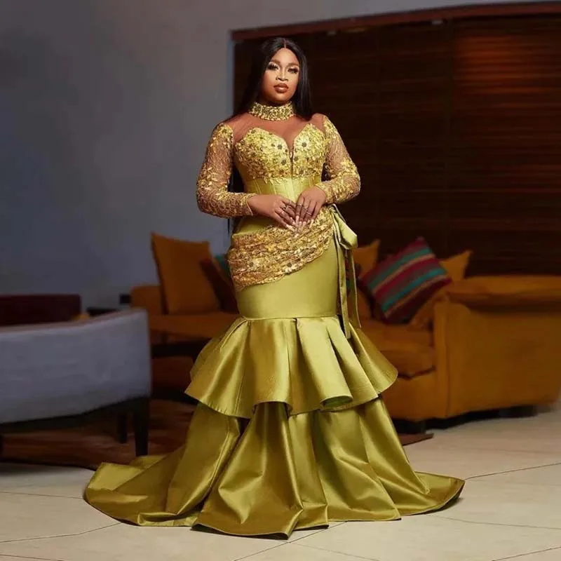 

2026 Sheer Lace Long Sleeves Satin Aso Ebi Prom Dress Plus Size African Gold Mermaid Evening Dresses Ruffled Wedding Guests Gown