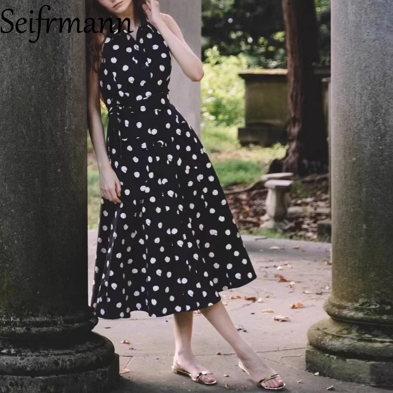 Seifrmann ドットプリントノースリーブファッションドレス女性のターンダウン襟シングルブレストレースアップスリムコットンヴィンテージドレス