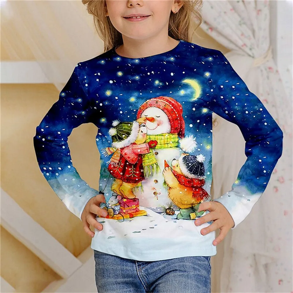 T-shirt imprimé chat pour enfants, t-shirts Kawaii, vêtements girly, bonhomme de neige, arbre de Noël d'Halloween, blanc, de 6 à 14 ans