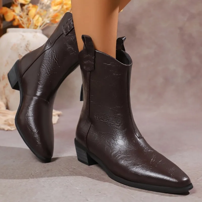 

New Style Designer Punk Vintage Pointed Toe Women Ankle Boots Autumn Winter Zipper Shoes Fashion Square Heel Boots Zapatos Mujer