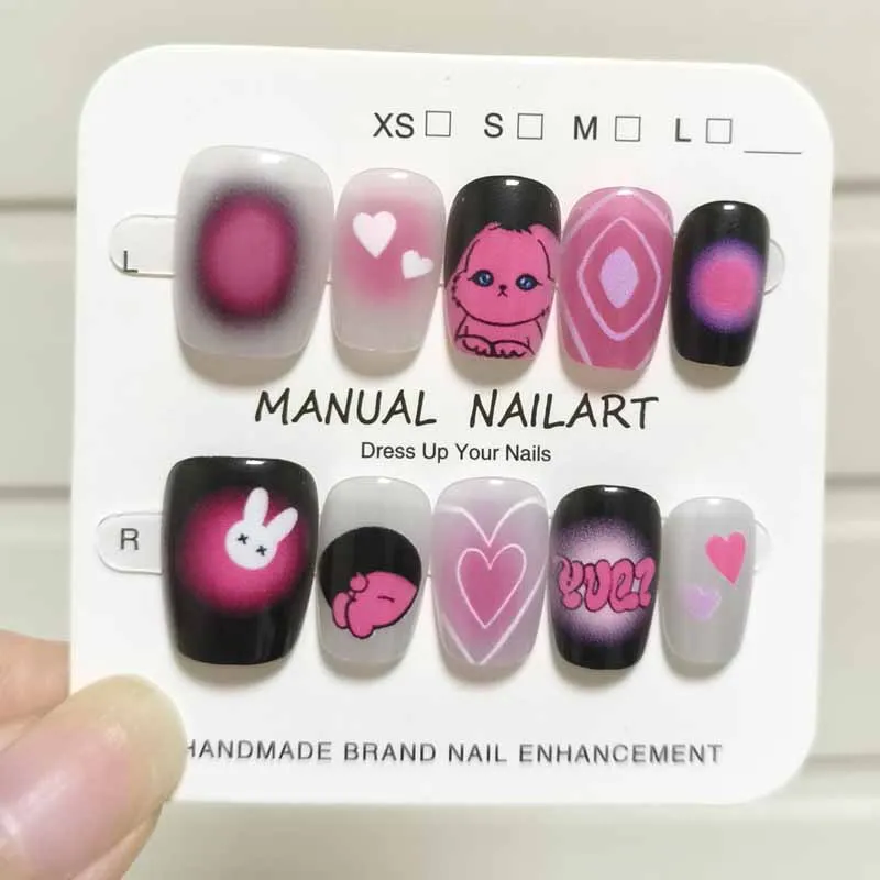 10개 한국 스타일 네일 패치 귀여운 버섯 집 모양 가짜 손톱 소녀들을 위한 달콤하고 멋진 토끼 프레스온 네일 탈부착 가능한 네일 팁