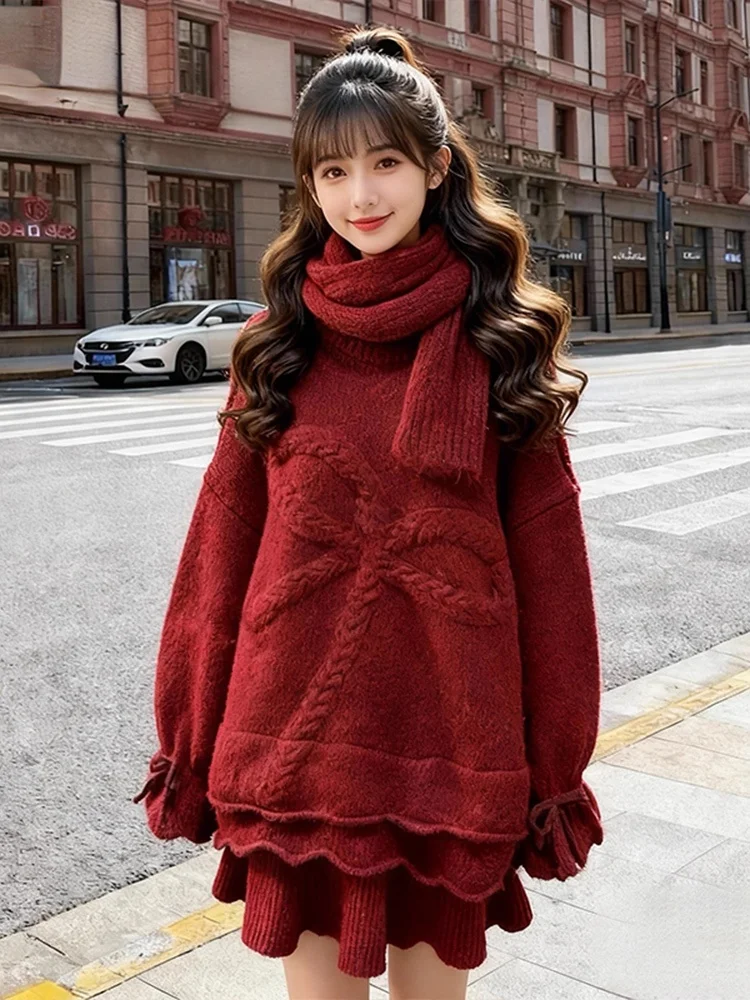 

Шикарный красный вязаный комплект для женщин: топ с широкими рукавами, шарф и юбка. Теплый повседневный модный наряд для осени и зимы.