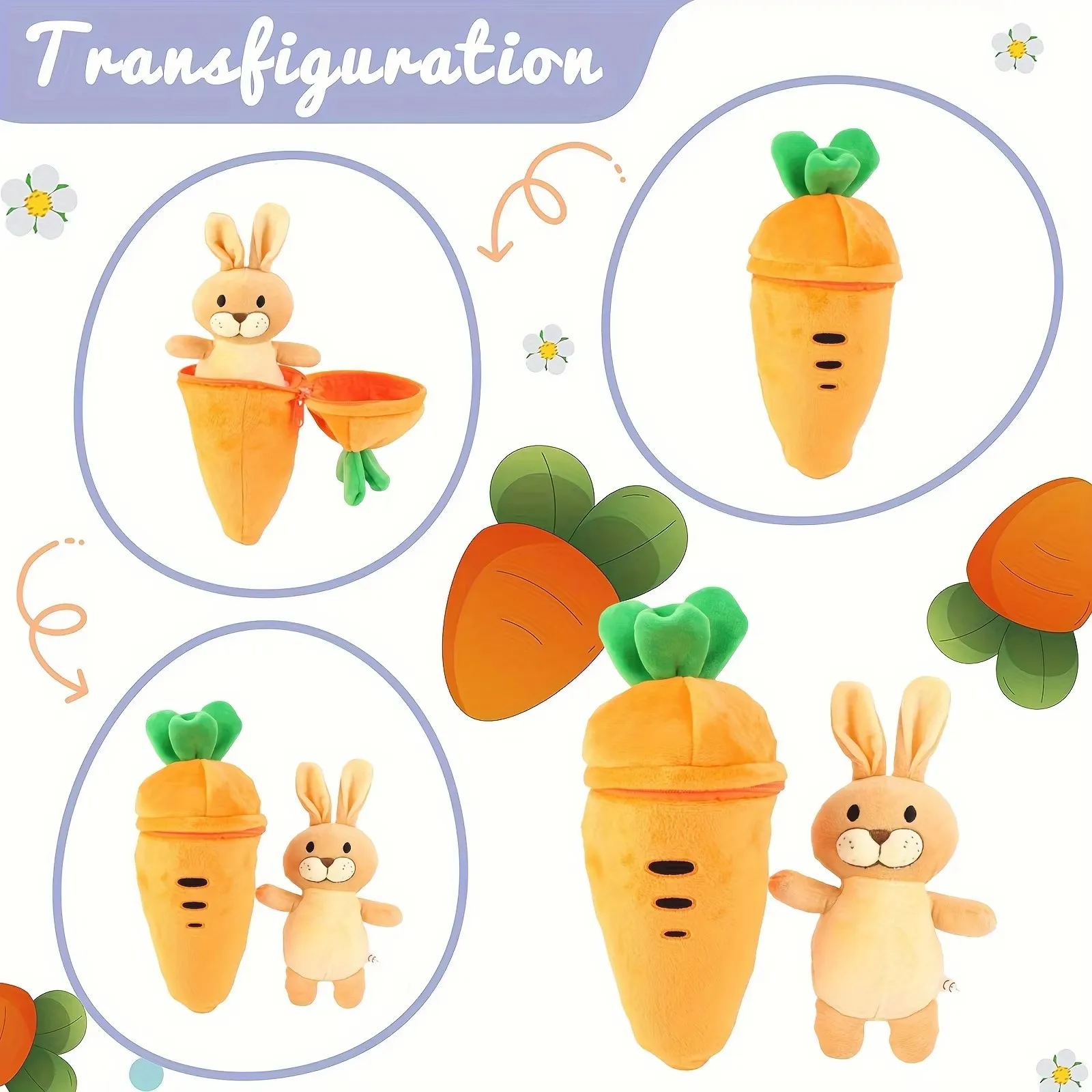 

26cm Easter Carrot Bunny Plush Toys Stuffed Surprise Zip Up Rabbit Hideaway Inspired Easter Decor Toys for Kids Birthday Gifts