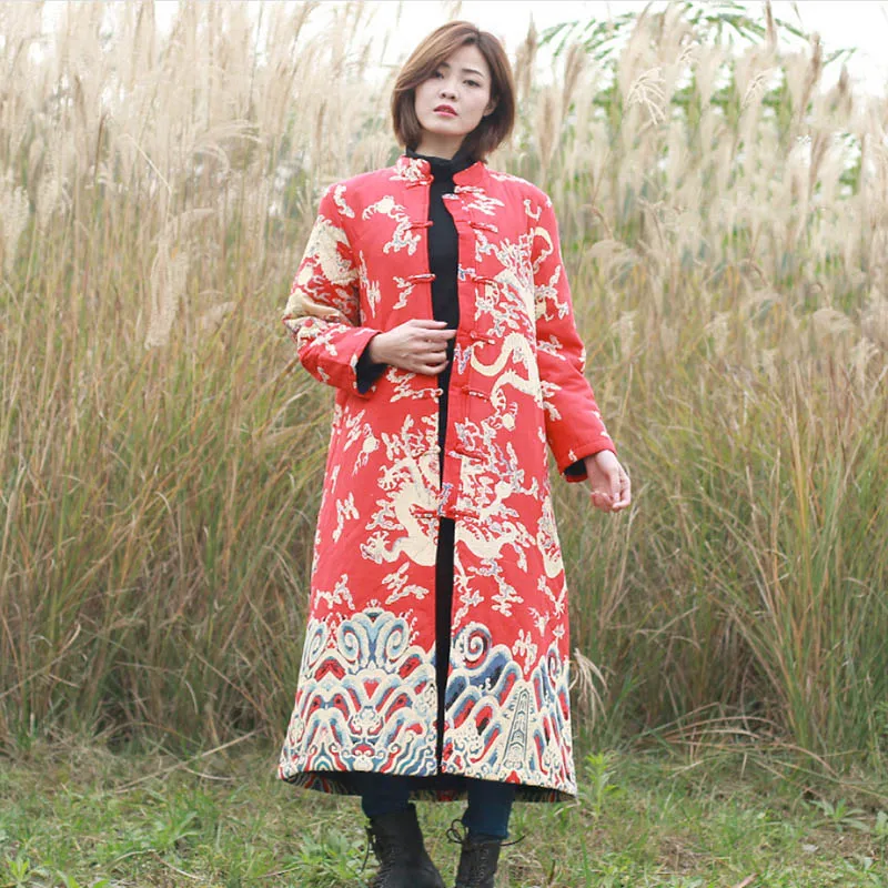 National Tid Style Cotton Linen Dragon Printed Long Coat Women's Winter Cotton Linen Tang Suit Thick Loose Frog Disc Buckle Coat