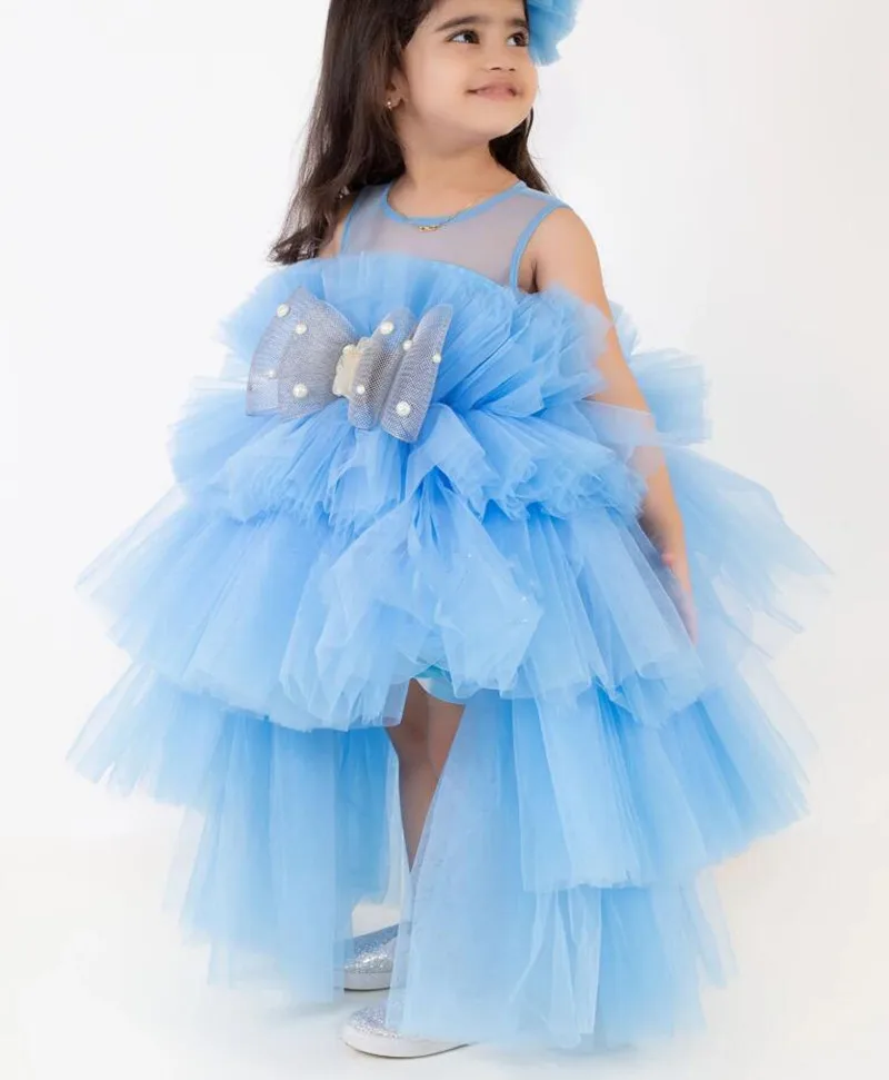 

New Customized Flower Girl Dress for Wedding with Big Bow High Low Princess Party Prom Gown Girls Birthday Dress