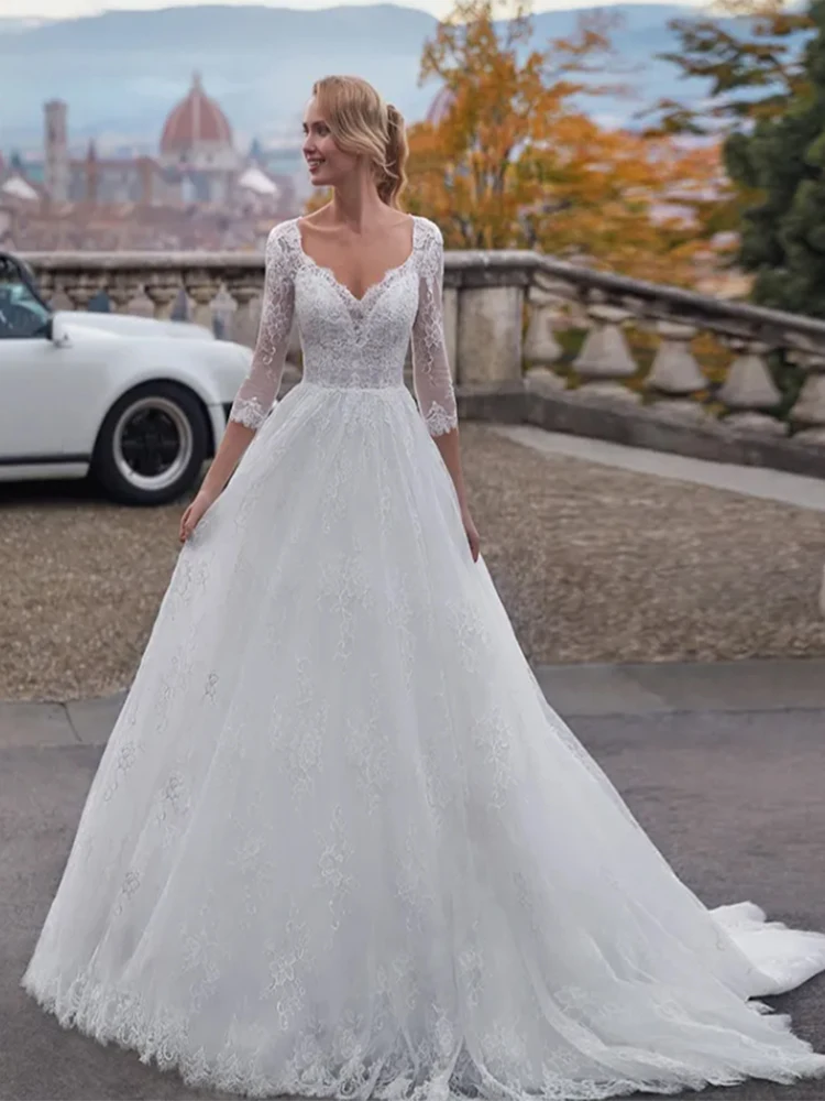 Vestido De Novia bohemio con apliques De encaje, manga larga, escote Corazón, hasta el suelo, tul, elegante, Princesa, 2023