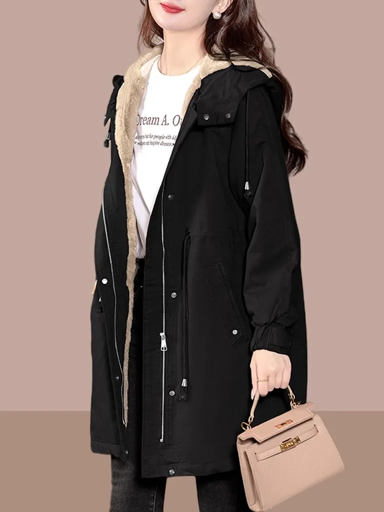 

Женская зимняя куртка 2025: Новинка, утепленная флисом, средней длины, хлопковое пальто с капюшоном, на молнии, прямого кроя