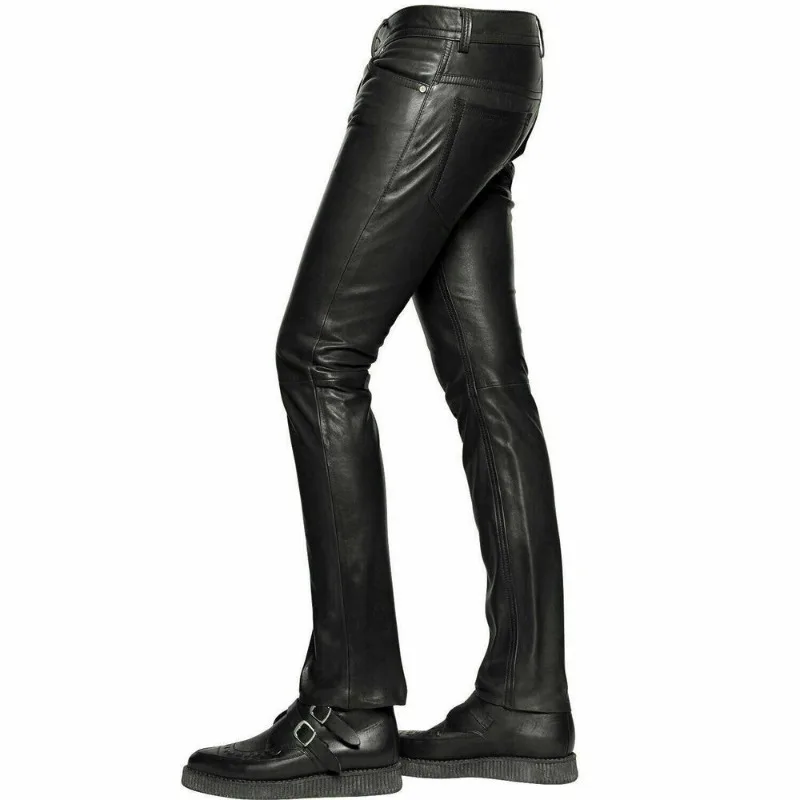 Men's Genuine Sheepskin Leather Pants Fashionable Black Pants European and American Trends