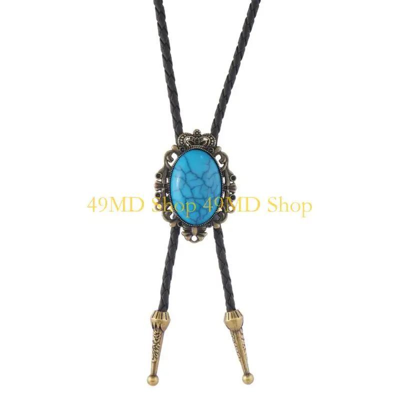 49MD Crack Turquoises Pendant Bolo Tie Leather Cord Necktie Necklace For Weddings Business Meetings And Evening Attires