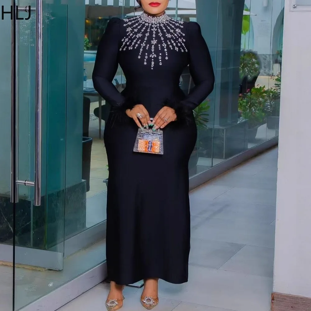 

HLJ Sexy Fur Rhinestone Patchwork Bodycon Dresses Women Solid Color Long Sleeve Dress Female Party Clubwear Vestidos 2025 New