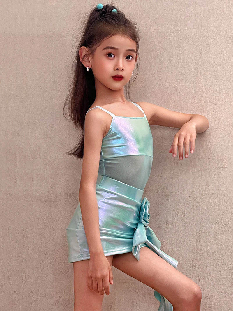 أطفال بنات اللاتينية Dancewear السباغيتي حزام ارتداءها وتنورة زهرة ثلاثية الأبعاد الأطفال الرقص رومبا المنافسة ملابس رقص