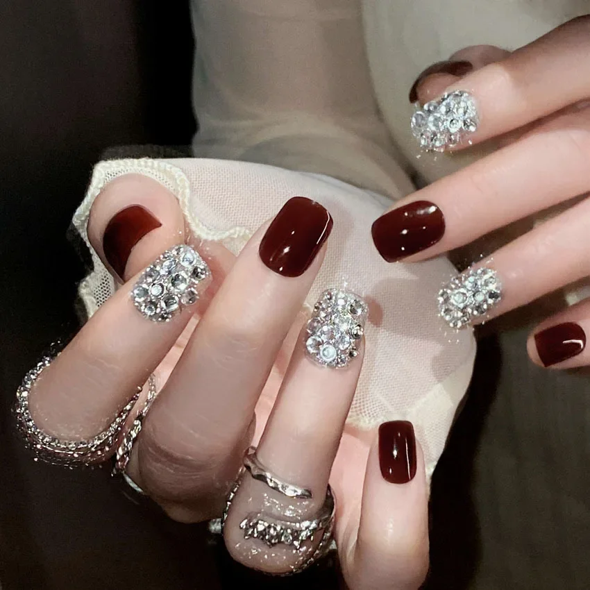 24pcs Press on Nail Temperament Bridal Nail Art Advanced Burgundy New Year's Flash False Nail Stickers,Wearable Nails for Women