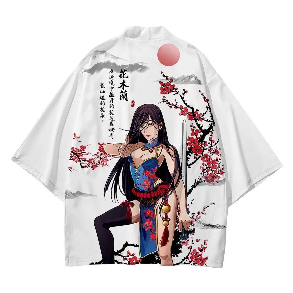 

Chinese Style White Kimono Floral Print Streetwear Haori Men Cardigan Robe Clothes Plus Size XS-6XL