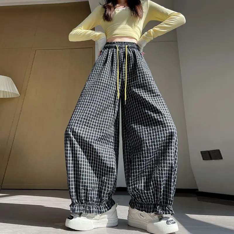 2026 Spring Sports Style Pants Women's Versatile Loose High Waist Contrast Color Drawstring Design Checkered Lantern Pants