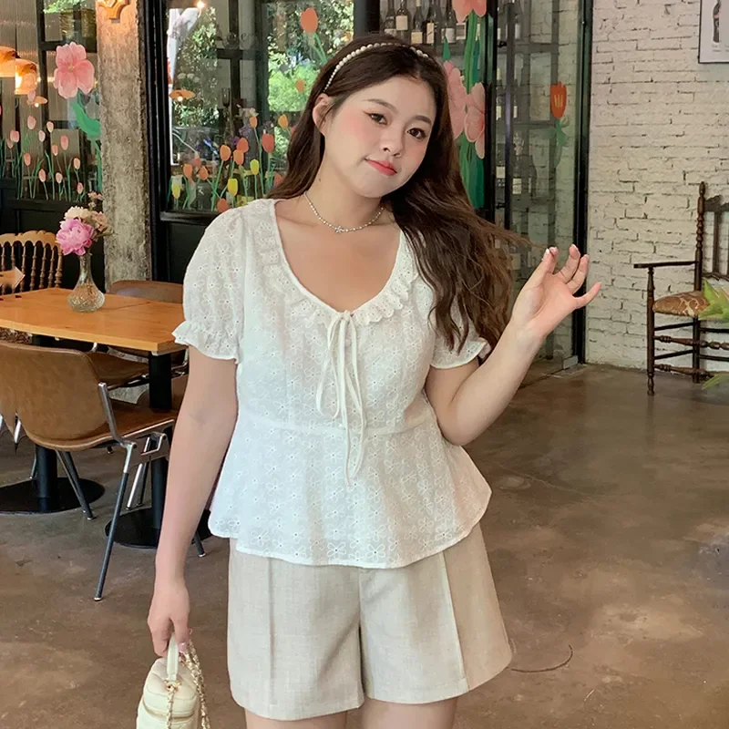 

Plus Size Women's French Lace Trim Cotton Blouse Summer Short Sleeve Loose Top