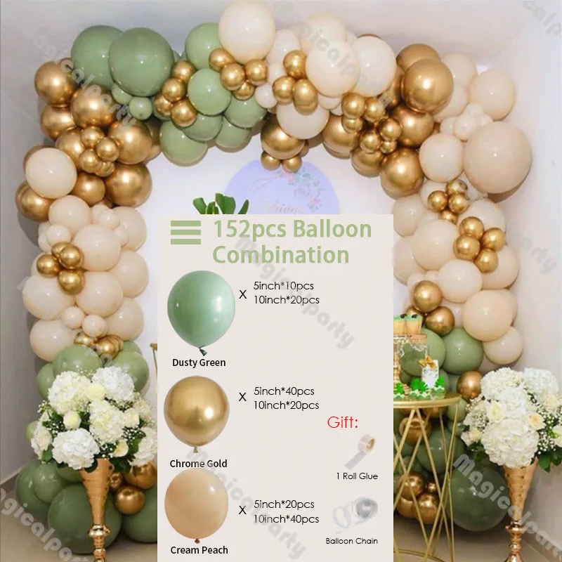 

152pcs Cream Peach Dusty Green Chrome Gold Balloon Garland Baby Shower Wedding Decoration Gender Reveal Birthday Party Supplies