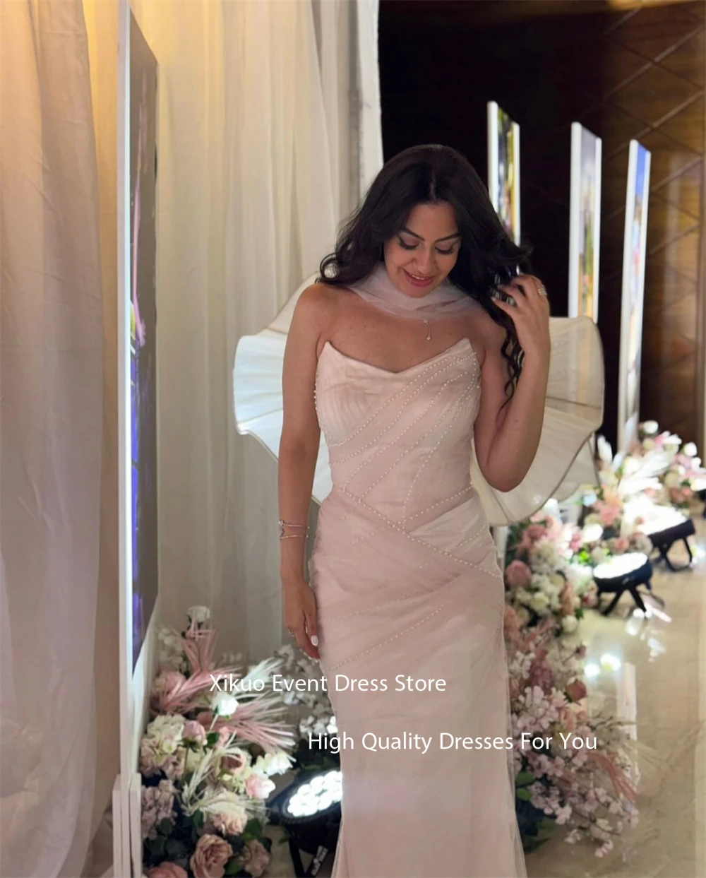 فساتين سهرة Xikuo رشيقة من الساتان الوردي على شكل قلب حورية البحر رداء كوكتيل نسائي صيفي لؤلؤ سعودي للحفلات الراقصة حسب الطلب