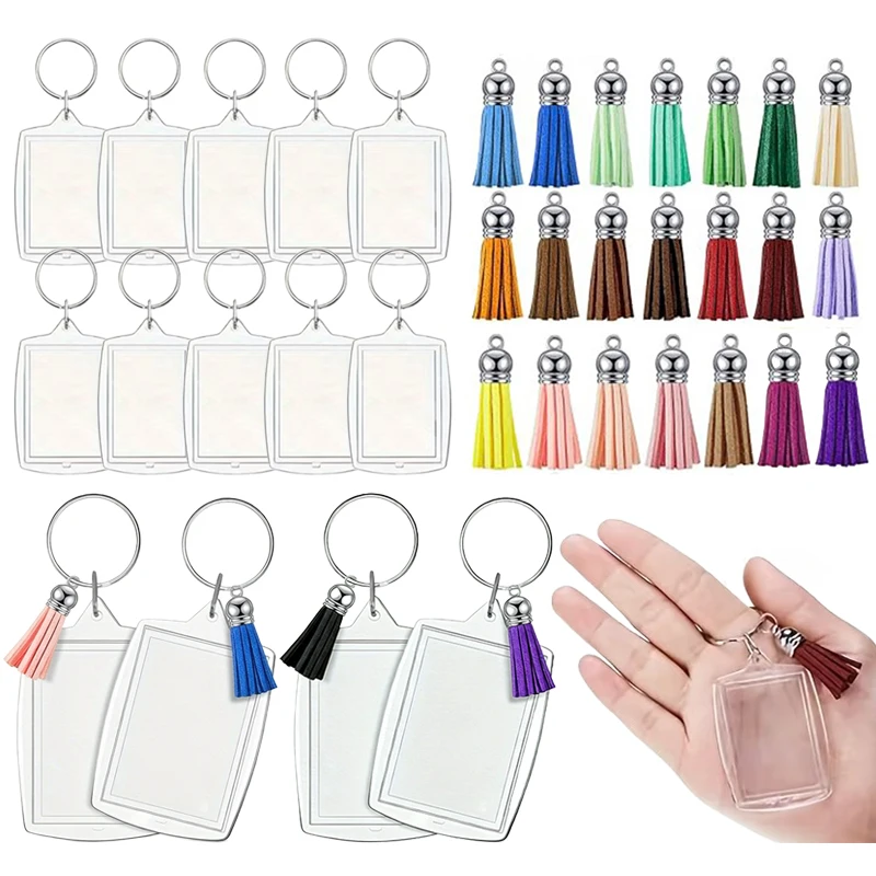 DIY Acrylic Keychain Blanks with Colorful Tassels – Rectangle Craft Key Ring Photo Holders for Wedding Souvenirs Supplies TMZ