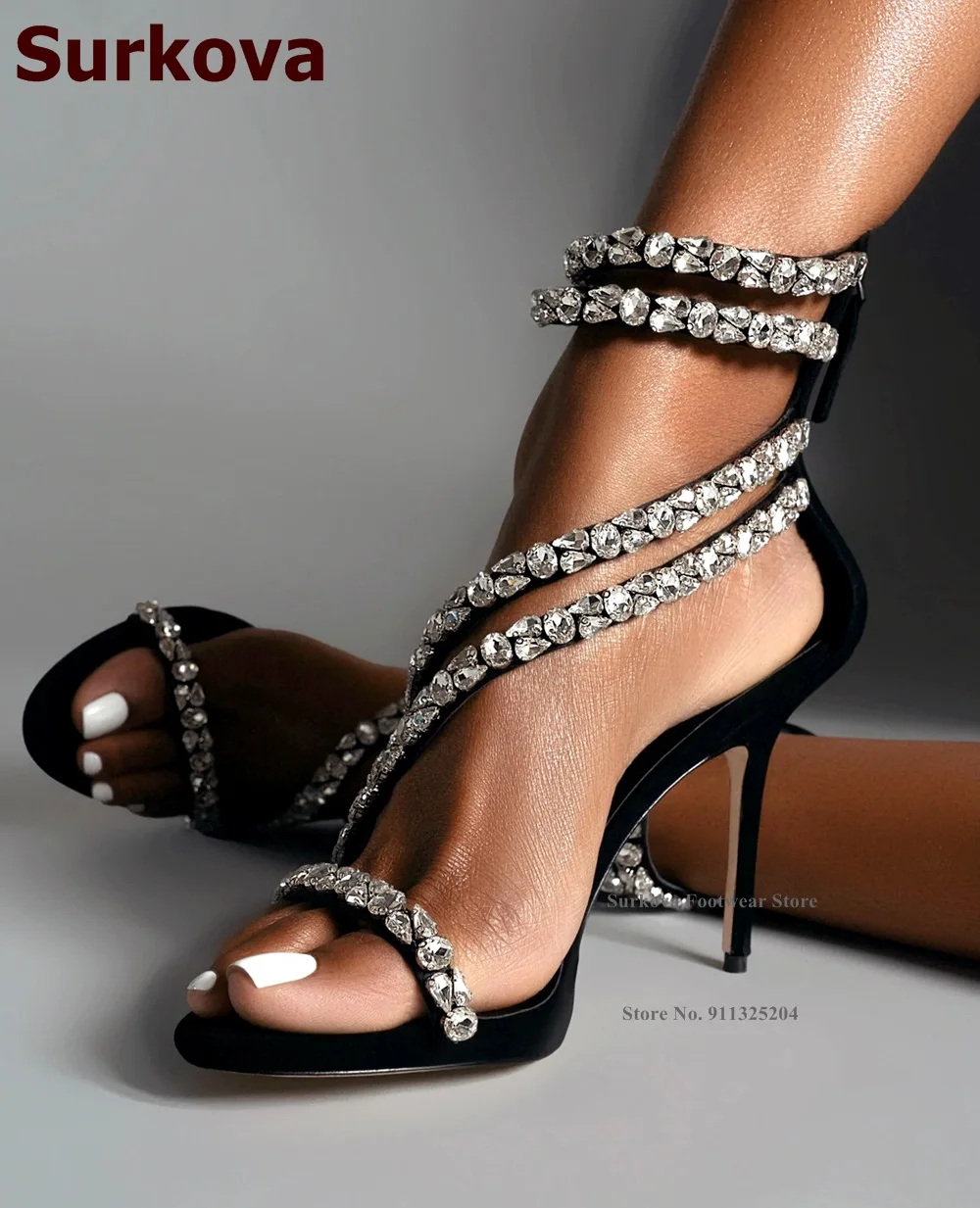 Surkova Crystal Strap High Heel Sandals Bling Bling String Beaded 5 Straps Wedding Shoes Big Rhinestone Sewed Stiletto Pumps