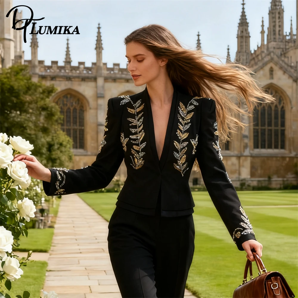 DTLumika Slim Fitting Small Suit for Women 2026 Autumn Pagenat Style New Beads Suit Jacket Short Jacket Formal Party Wear