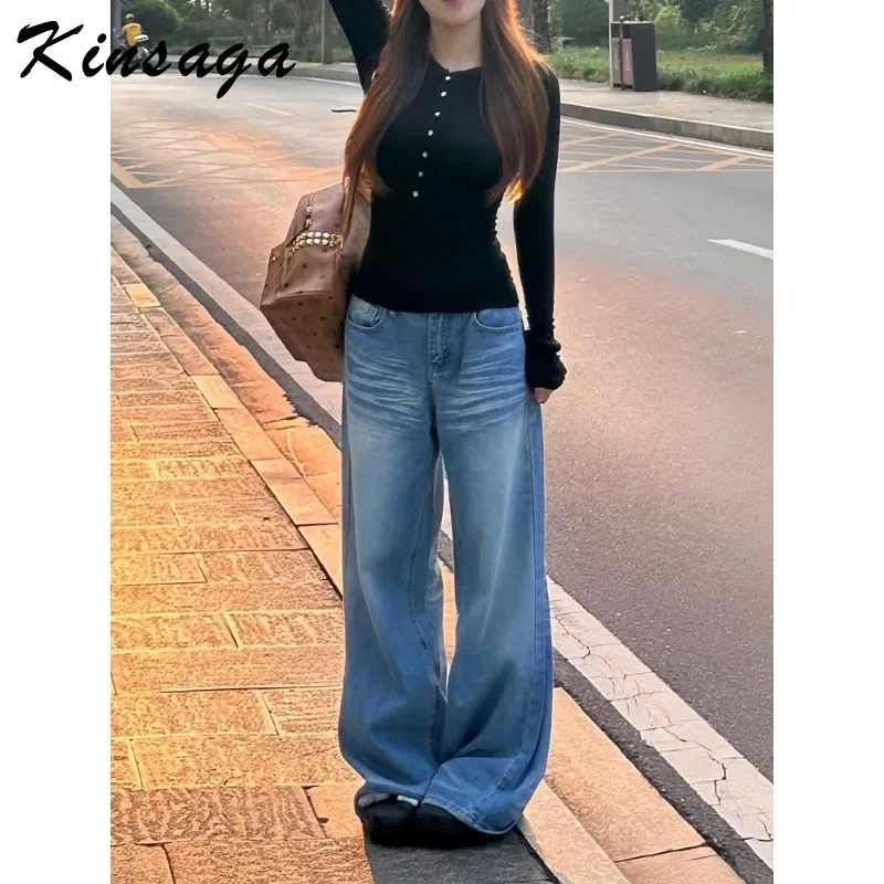 Women's American vintage wash blue jeans high waisted baggy  crease straight leg wide-leg pants slouchy jeans