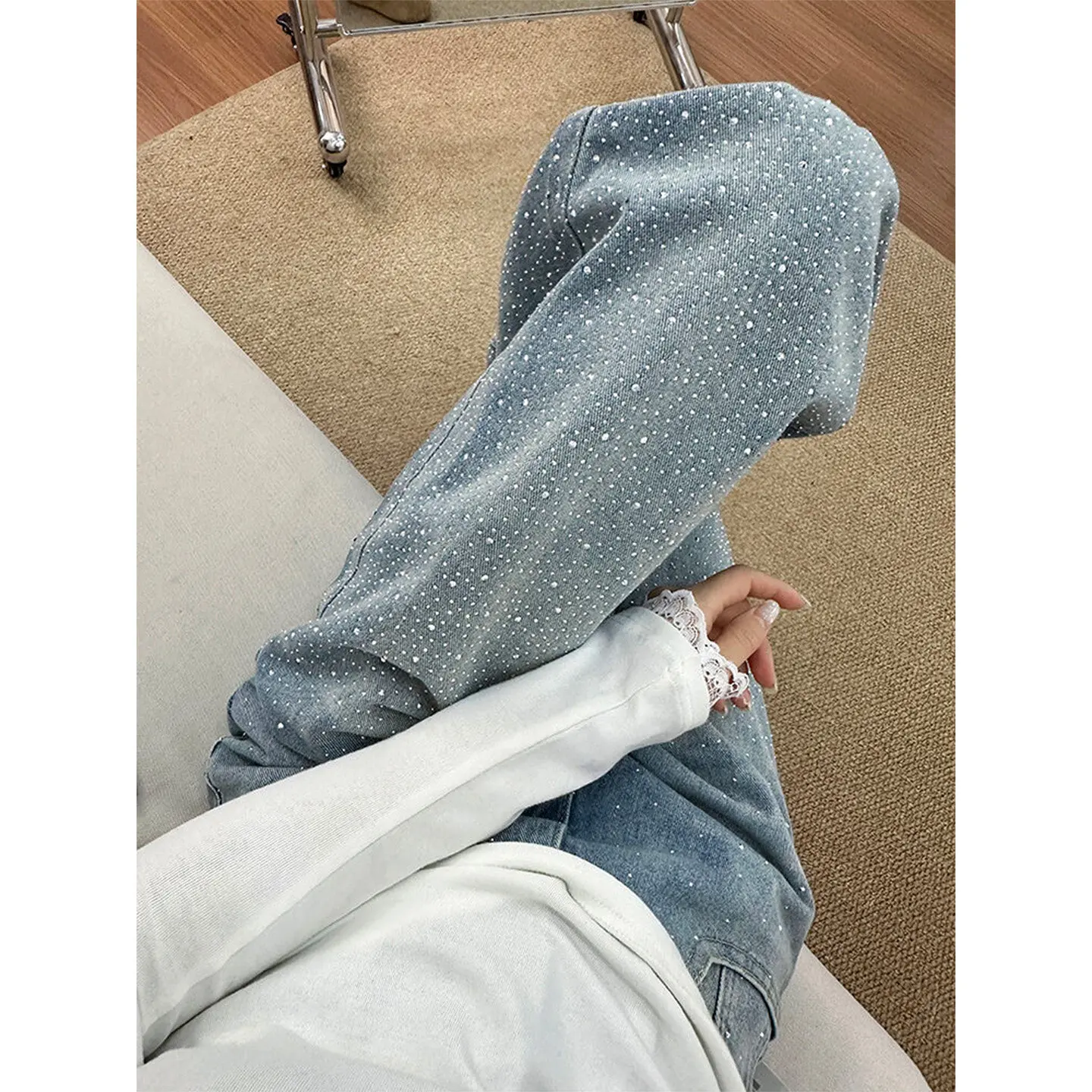 

Джинсы женские с эффектом потертости и стразами Hot Fix, весна 2026, новый американский стиль, уличные брюки с высокой талией, винтажные штаны