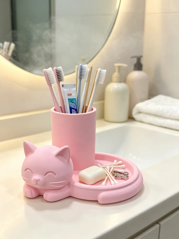 High-Appearance Pink Cat Toothbrush Holder, Cute Animal-Shaped Bathroom Organizer, Girly Light Pink Bathroom Countertop Decoration, Two-In-One Partitioned Design with Storage Tray, Holds Toothbrushes, Toothpaste, and Various Toiletries, Healing and Cute Style Bathroom Decor, Suitable for Dressing Tables and Washbasins, Easily Creates a Warm and Sweet Bathroom Atmosphere, a Favorite Bathroom Organizer for Girls