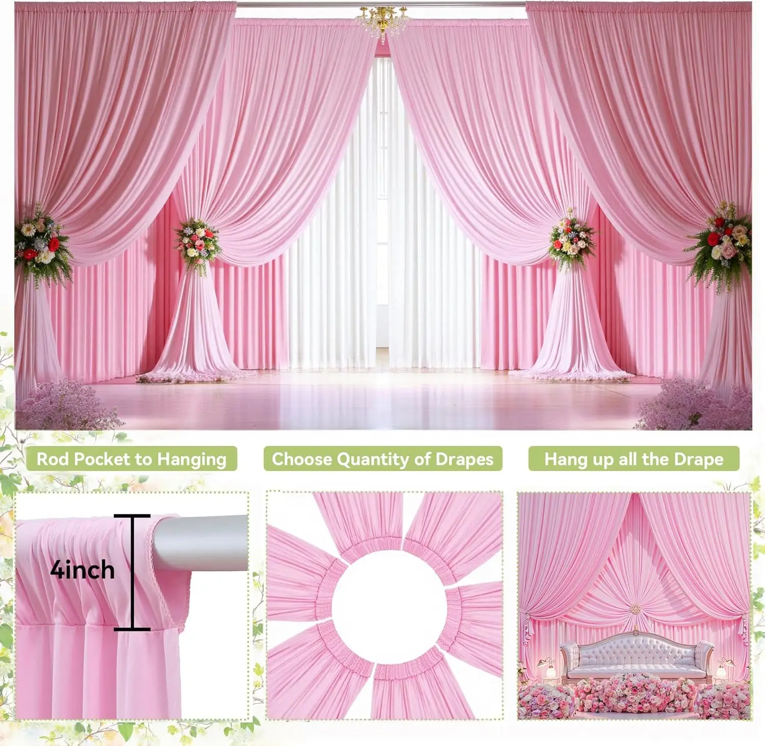 2 Panels Pink Backdrop Curtain for Wedding Polyester Photography Backdrop Drapes for Birthday Parties Stage Backdrop Stand