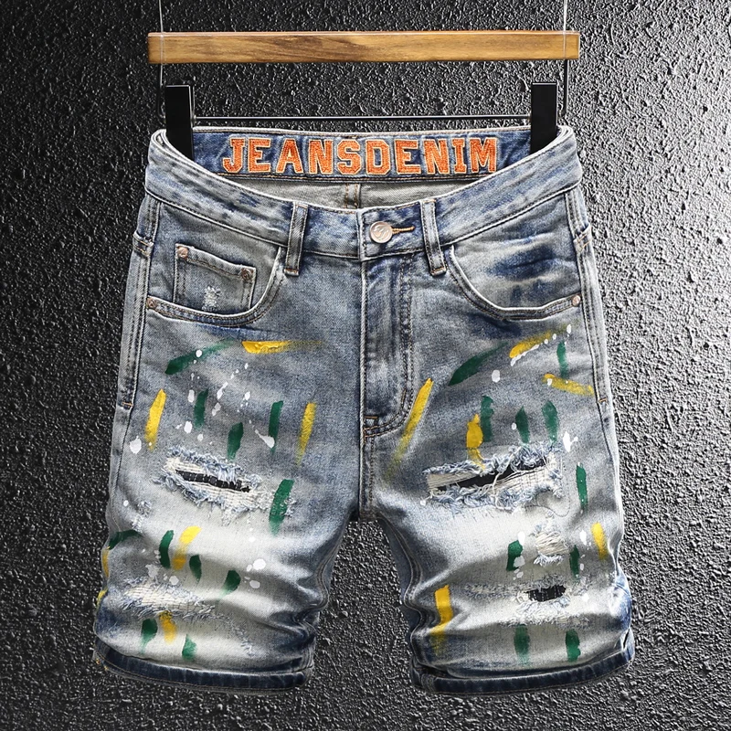 

Y2K Fashion New Denim Shorts Painted, Washed, Nostalgic, Stretch, Slim Fit, Retro, Light Blue Embroidered Jeans Designer Shorts