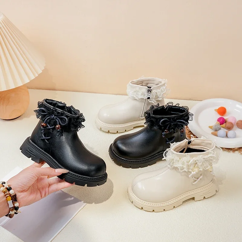 Girls Lace Trim Bow Fleece Lined Ankle Boots, Toddler Sweet Princess Winter Side Zipper, Non-Slip Thick Sole Kids Dress Boots