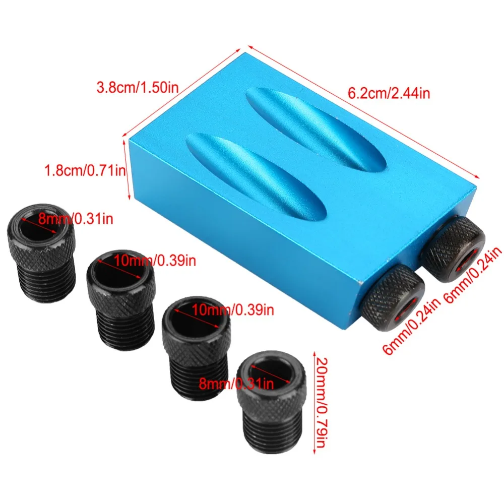 15 Degree Pocket Hole Jig Kit Blue Color Drive Adapter Woodwork Guide Locator Clip Included 6/8/10mm Oblique Hole Positioner
