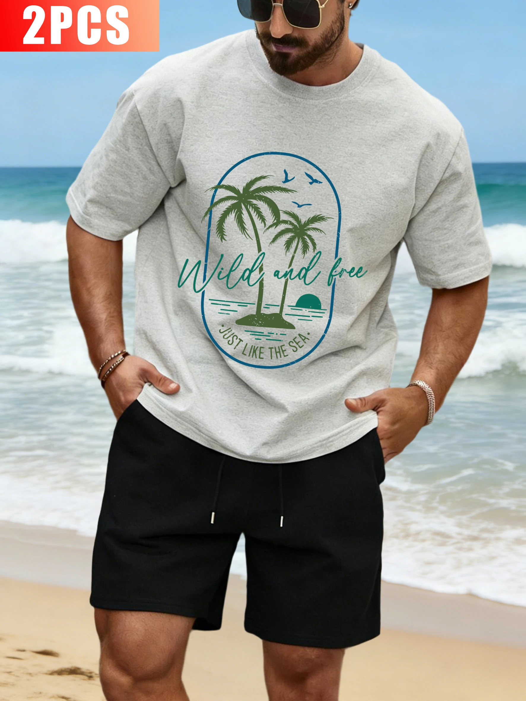 

Sea Sunset Seagulls And Coconut Trees Print Man T Shirt Suit Cotton Short Sleeve Casual Wide-Leg Shorts O-Neck Unisex Loose Tee