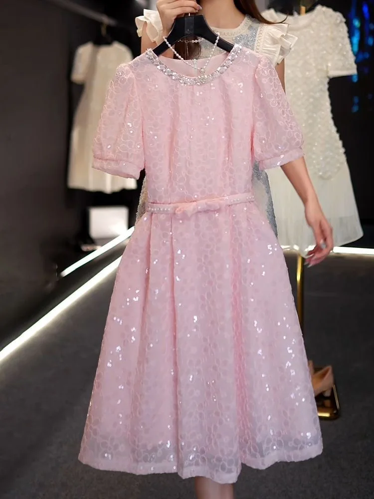 French small fragrance style heavy industry design sense temperament pink dress women's summer commuting elegant dress