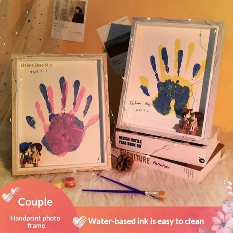 New Sale DIY Couple Hand Paint Shadow Box Frame Wooden Handprint Photo Frame 12-Color Paint Set Display Gifts