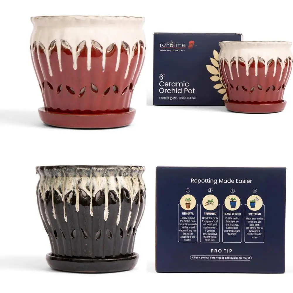 

6 Inch Pinwheel Fluted Ceramic Plant Pot in Cream and Garnet - Orchid Friendly with Free Slotted Liner