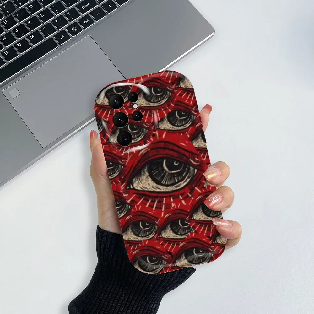 Spooky Scary Black Red Eye 3D Wave Phone Case For Samsung Galaxy S24 S23 S22 S21 S20 Ultra Plus FE A55 A54 A53 A52 A52S 5G Cover