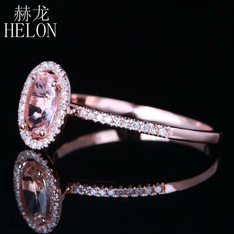 HELON Solid 18K (AU750) Rose Gold 0.75ct Oval Genuine Natural Morganite 0.18ct Diamond Engagement Wedding Fine Jewelry Ring Gift