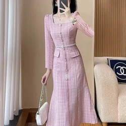 Early Autumn luxury long sleeve Square collar A-line Elegant Midi dress  High Street Fashion Commuting office ladies Long Dress