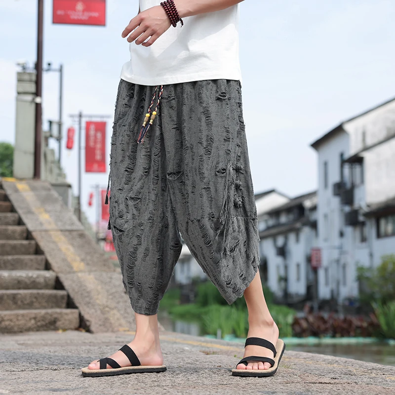 2024 Summer Men's Chinese Style Casual Pants Trendy High Street Piercing Pan Buckle Seven Quarter Pants Hombre Loose Large Pants