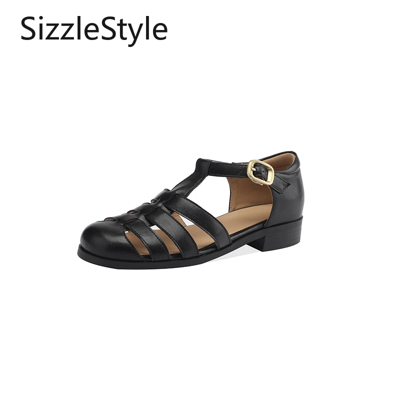 

Women Handmade Split Leather Roman Sandals Round Toe T-Bar Strap 2.5cm Chunky Heel Side Cutout Flexible Sole Black Brown