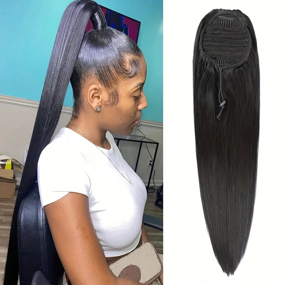 

Черный прямой накладной хвост на шнурке, 100% натуральные волосы Реми, на заколке, длинный прямой хвост-накладка