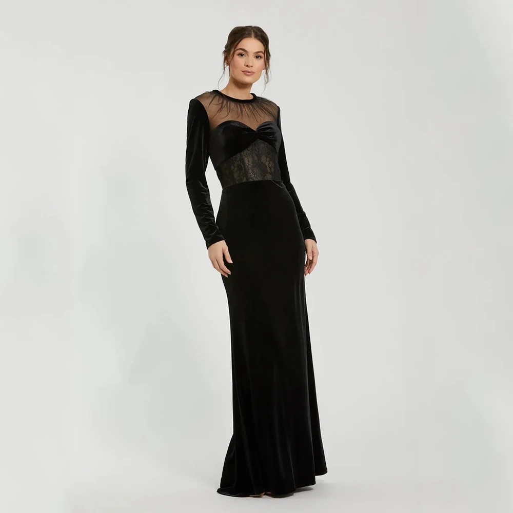 

Customized Black Velour High Quality Evening Dresses O-Neck Lace for Floor-Length A-line for Formal Evening Vestidos De Fiesta