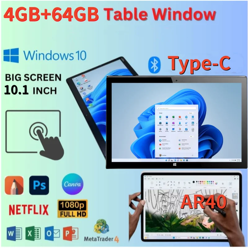 AR40 WINDOWS 11 Tablet PC 10.1 POLLICI 4 GB RAM 64 GB ROM 1366*768 IPS Schermo WIFI Quad Core Doppia fotocamera